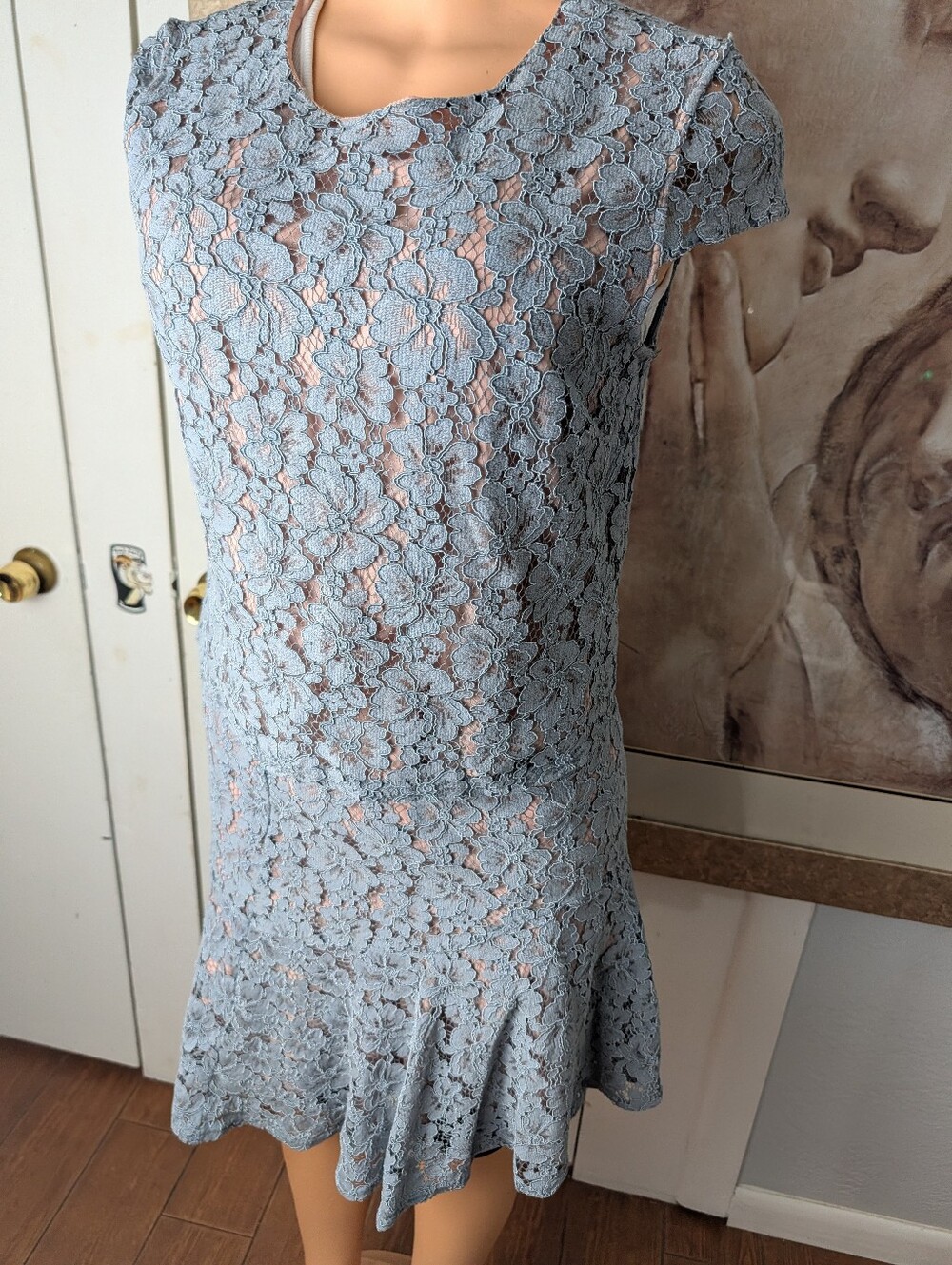 Cynthia Rowley dusty blue sheer lace top and skirt set with blush lining Size 4